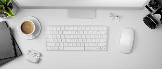 3d rendering white computer table with coffee cup camera and supplies top view 3d illustration premium photo